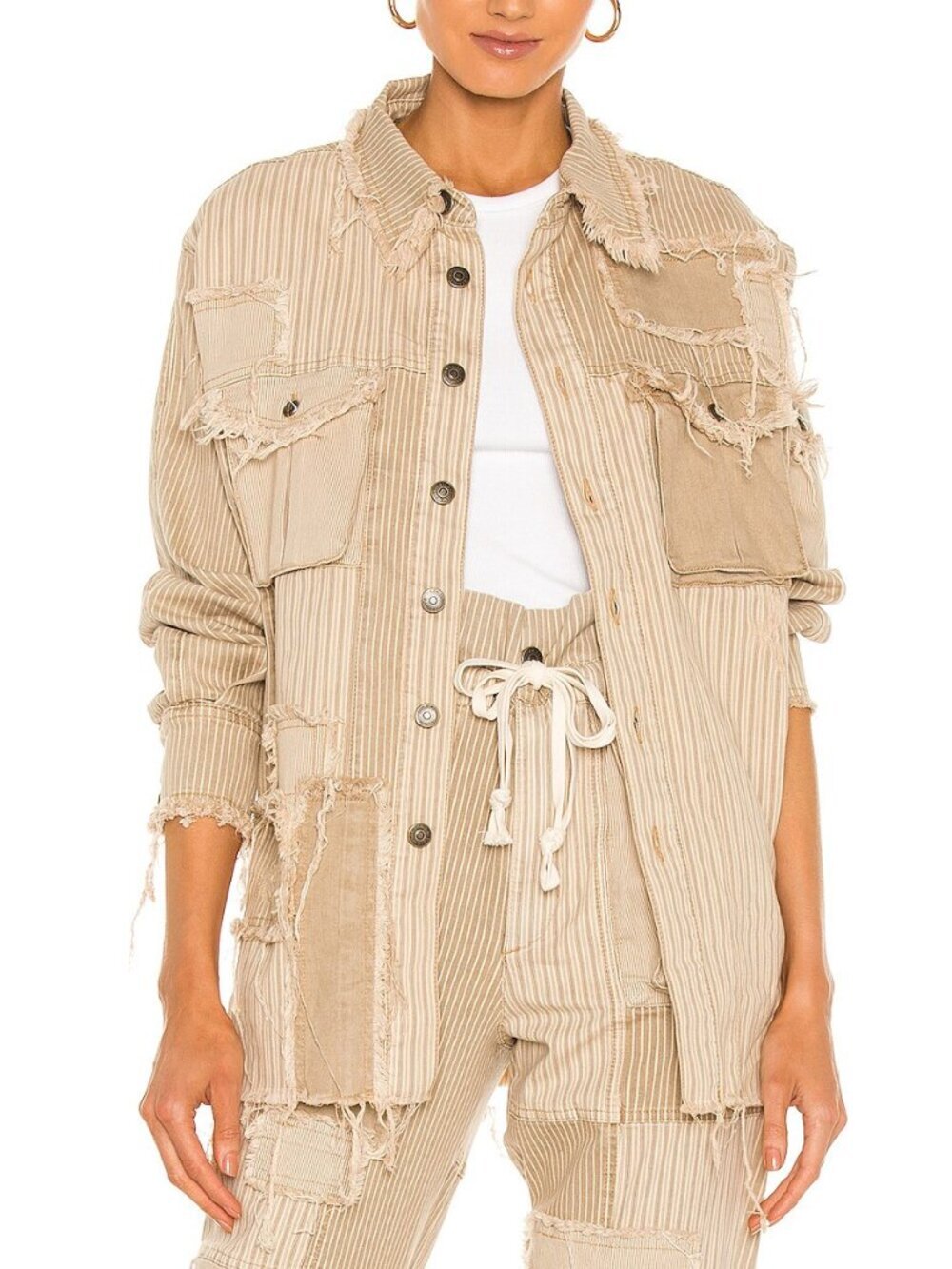 SER.O.YA Kara Beige Stripe Patchwork Oversized Shirt Size XS